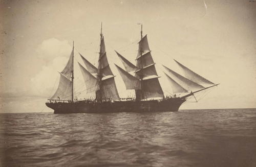 The crew on board Costa Rica Packet under full sail,ca. 1890